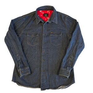 HUF Mens Denim Button Down Shirt Small Dark Wash Red Paisley Bandana Lining L/S